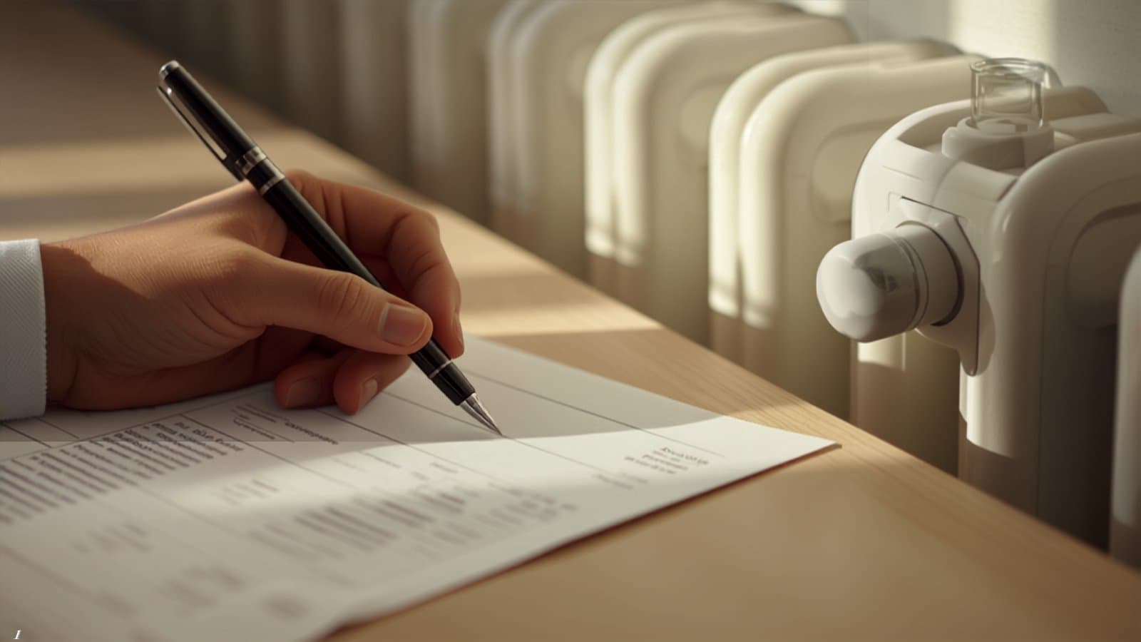Eine Hand mit Stift auf einer Abrechnung, daneben ein Heizkörperthermostat