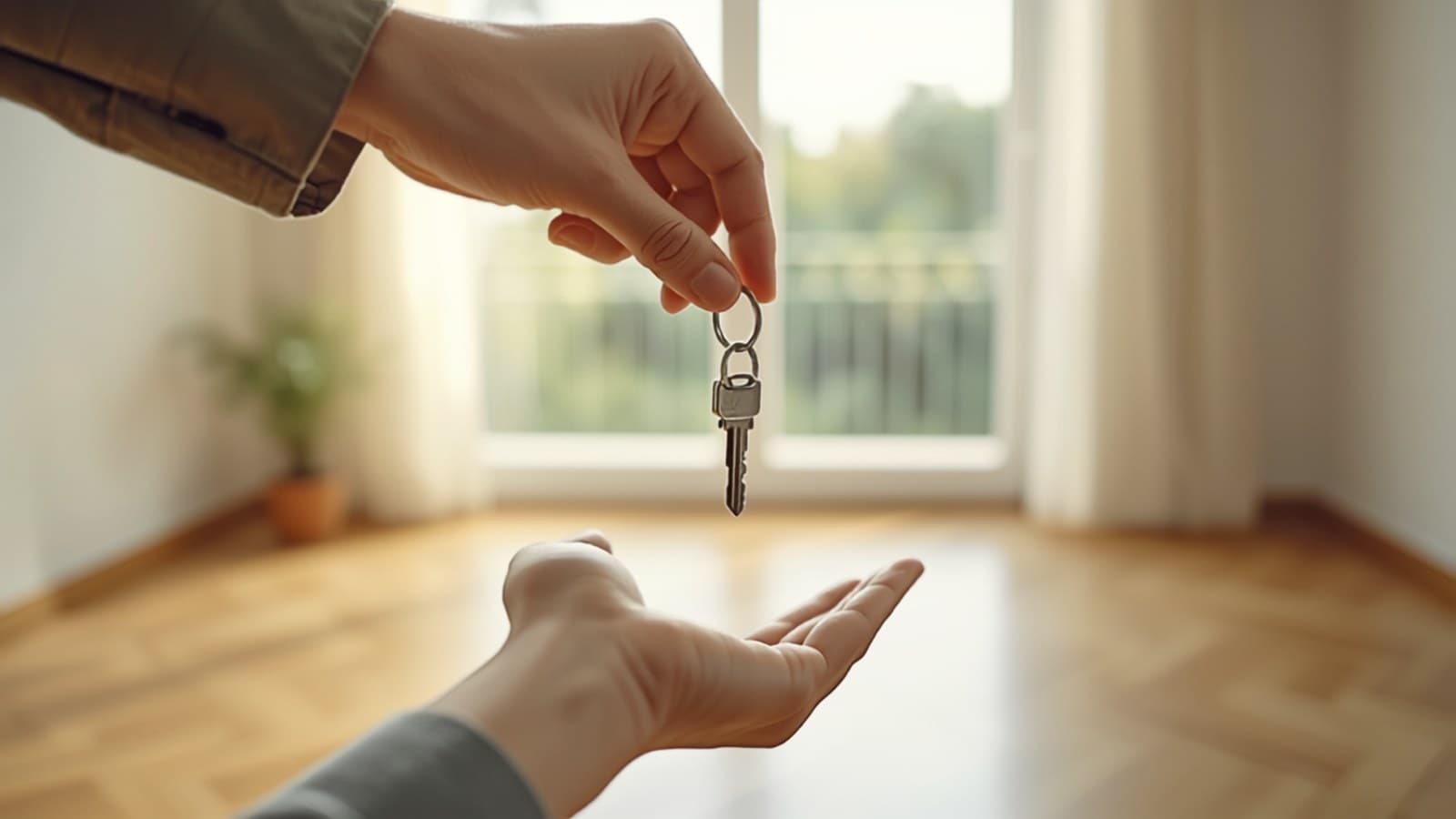 Schlüsselübergabe in einer leeren, hellen Wohnung