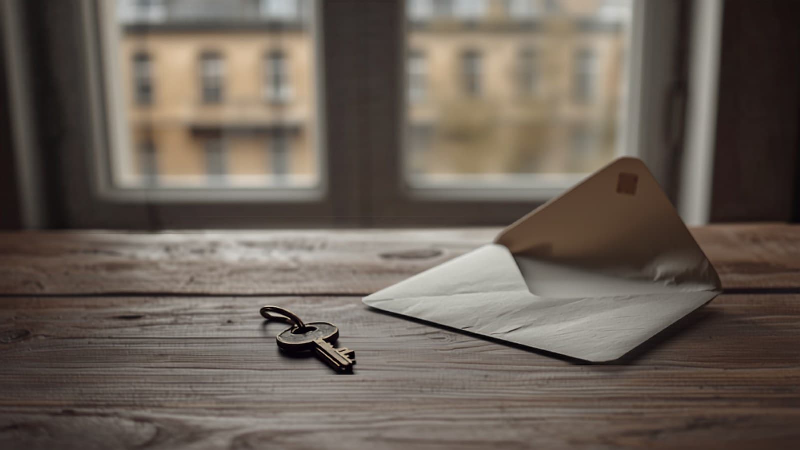 Ein alter Wohnungsschlüssel und ein Brief auf dem Tisch, im Fenster ein Altbau
