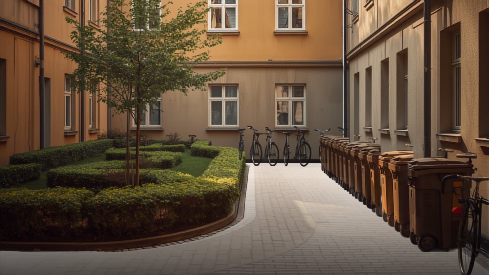 Ein gepflegter Innenhof eines Mehrfamilienhauses mit Fahrrädern und Mülltonnen