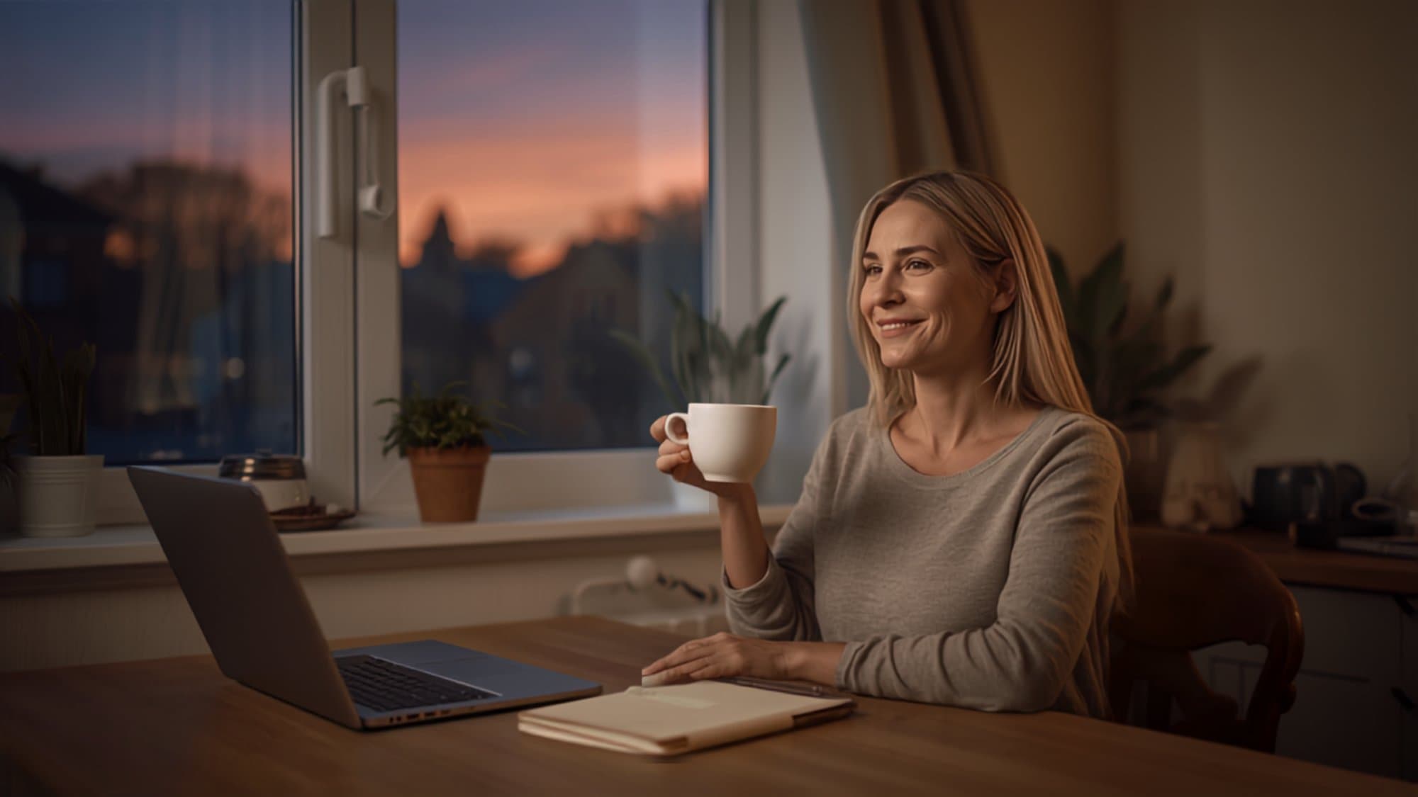Eine Vermieterin sitzt abends entspannt mit einer Tasse Tee am Küchentisch, der Laptop ist zugeklappt